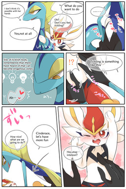 3_fingers 5_fingers ambiguous_gender ambiguous_on_top anthro anthro_on_anthro belly black_arms black_body blue_body blush bodily_fluids crying_laughing dialogue duo eyes_closed fangs female female/ambiguous female_on_bottom fingers fur humanoid_hands interrobang laugh light_bulb multicolored_body multicolored_fur on_bottom on_top one_eye_closed open_mouth orange_body orange_fur red_eyes red_nose simple_background smile tail_on_arm tears teeth text thought_bubble tickling white_background white_belly white_body white_fur prrrrrrmine third-party_edit nintendo pokemon cinderace generation_8_pokemon inteleon lagomorph leporid mammal pokemon_(species) scalie 2021 2:3 absurd_res comic english_text hard_translated hi_res translated
