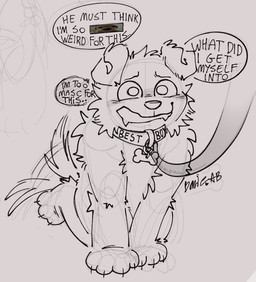3_toes 4_fingers all_fours anthro arm_tuft bdsm blush bone_collar_tag cheek_tuft claws collar collar_only collar_tag elbow_tuft embarrassed facial_tuft feet finger_claws fingers floppy_ears head_tuft heart_symbol leash leashed_collar male nervous nervous_smile nude nude_anthro nude_male pet_praise petplay praise puppyplay roleplay shoulder_tuft simple_background smile solo tail tail_motion tailwag text thought thought_bubble toe_claws toes tuft white_background bowie_aftrbark canid canine canis domestic_dog mammal 2026 english_text guide_lines monochrome signature sketch