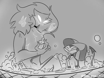 anthro bath bathtub bubble duo grey_background horn male nude rubber_duck simple_background sitting white_eyes x_thatonekid hellaverse helluva_boss asmodeus_(helluva_boss) fizzarolli_(helluva_boss) demon imp 4:3 hi_res monochrome