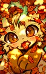 :3 ambiguous_gender autumn blush blush_lines brown_eyes fangs fur leaf looking_at_viewer object_in_mouth paws solo teeth yellow_body yellow_fur maimoonrabbit nintendo pokemon eeveelution generation_4_pokemon leafeon pokemon_(species) 2023 hi_res signature