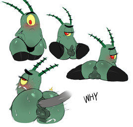 1_eye anal anal_penetration anthro anus balls big_butt blush bodily_fluids butt clothed clothing cum darkened_anus darkened_balls darkened_genitalia darkened_penis darkened_perineum ejaculation erection femboy genital_fluids genitals green_balls green_body green_penis green_skin male mature_male multiple_poses penetration penis pose presenting presenting_anus simple_background solo sweat text thick_thighs topless white_background why wide_hipped_anthro wide_hipped_male wide_hips sssonic2 nickelodeon spongebob_squarepants sheldon_j._plankton aquatic arthropod copepod crustacean maxillopod plankton_(species) english_text hi_res