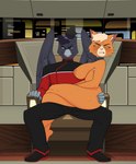 angry anthro black_body black_feathers black_hair blonde_hair blush captain's_chair clothed clothing collar crossed_legs duo feathers female forced forced_exposure fur hair hand_on_butt looking_away male male/female on_lap orange_body orange_fur sitting_on_another sitting_on_lap skimpy smug starfleet_uniform uniform wings necroeddie mythology star_trek star_trek_lower_decks dr._t'ana maro_(character) avian caitian felid feline gryphon mammal mythological_avian mythological_creature absurd_res hi_res