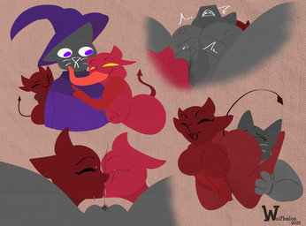 anthro big_breasts big_tongue bodily_fluids breasts butt cunnilingus eyes_closed facesitting female female/female genital_fluids genitals group group_sex hair holidays kissing long_tongue making_out nipples nude oral sex simple_background sitting_on_another spread_legs spreading tail thick_thighs threesome tongue tongue_out trio vaginal vulva wizard_costume wolfbaloo halloween mythology felid feline humanoid imp mammal digital_media_(artwork)