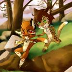 anthro chibi detailed_background duo forest gold_(metal) jewelry male plant running smile tree tribal f-ss oren rye_(ryce) asian_golden_cat catopuma felid feline leopardus mammal ocelot 1:1 hi_res