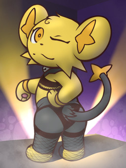 ambiguous_gender bell black_body black_fur butt cheek_tuft clothed clothed_feral clothing detailed_background facial_tuft feral fishnet_clothing fishnet_legwear fur inside legwear lingerie lingerie_on_feral looking_at_viewer looking_back looking_back_at_viewer markings one_eye_closed orange_eyes orange_markings pawpads pink_pawpads pose semi-anthro solo stage standing tail tuft wink winking_at_viewer yellow_body yellow_fur the_creacher nintendo pokemon generation_4_pokemon pokemon_(species) shinx shiny_pokemon 3:4 hi_res