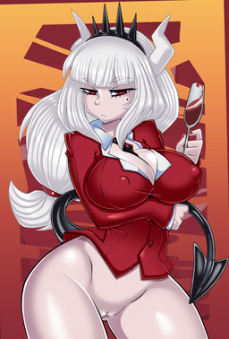 alcohol beverage big_breasts bottomless breasts clothed clothing container cup drinking_glass female genitals glass glass_container glass_cup hair nipple_outline not_furry red_eyes solo spade_tail tail vulva white_hair wine wine_glass bayeuxman tisinrei helltaker lucifer_(helltaker) demon demon_humanoid humanoid absurd_res hi_res
