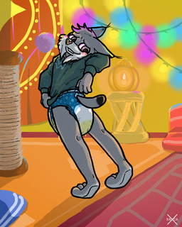 anthro bodily_fluids clothed clothing diaper diaper_fetish embarrassed genital_fluids looking_at_viewer male partially_clothed scratching_post solo unclean_diaper urine used_diaper wearing_diaper wet_diaper wetting wetting_diaper raxca pawbert_lynxley felid feline mammal 4:5