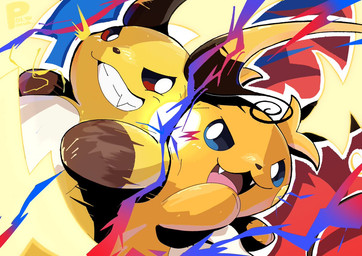 abstract_background ambiguous_gender anthro blue_eyes duo fangs fur open_mouth orange_body orange_fur red_eyes tail teeth tongue yellow_body polynimuri nintendo pokemon pokemon_legends_z-a generation_9_pokemon mega_evolution mega_raichu mega_raichu_x mega_raichu_y pokemon_(species) 2025 signature