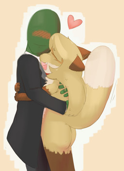 anthro blush brown_body brown_fur business_suit clothing dipstick_tail duo eyes_closed female female_anthro fur gloves_(marking) green_body green_skin hair heart_symbol hug leg_markings male male/female markings simple_background socks_(marking) standing suit tail tail_markings white_body white_fur conditional_dnp unknown_artist anon averi_(fiddleafox) canid canine fox human mammal red_fox true_fox hi_res