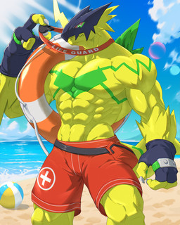 abs anthro arm_markings ball barazoku beach beach_ball big_muscles black_clothing black_gloves black_handwear brass_knuckles chest_markings claws clothed clothing eyewear facial_horn finger_claws fingerless_gloves gloves green_eyes green_markings handwear horn inflatable life_preserver lifeguard lifeguard_swimsuit male markings mask melee_weapon muscular muscular_anthro muscular_male nose_horn outside pecs red_clothing red_sclera sea shoulder_markings sky solo spikes spikes_(anatomy) swimwear tail tail_markings thick_arms thick_thighs topless water weapon whistle_(object) whistle_around_neck yellow_body yellow_skin yellow_tail sh1ron2 bandai_namco digimon bulkmon digimon_(species) scalie 2026 4:5 absurd_res colored digital_drawing_(artwork) digital_media_(artwork) hi_res