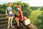 anthro bottomwear clothing dress duo female forest landscape midriff path plant shirt shorts sitting tied_shirt topwear tree wood deymos iskra vera_(iskra) canid canine canis domestic_cat domestic_dog felid feline felis mammal digital_media_(artwork) shaded