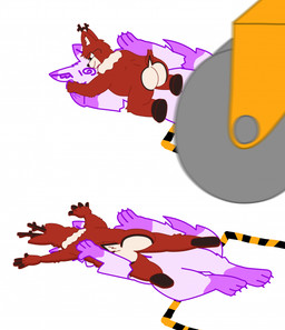 ambiguous_gender anthro cartoon_physics duo flattened flattening_fetish male paper_flattened steamroller toony qmlp isa_(qmlp) marx_(samsonthefurry) canid canine canis deer fox hybrid mammal wolf digital_drawing_(artwork) digital_media_(artwork) hi_res
