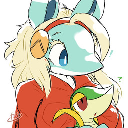 accessory ambiguous_form ambiguous_gender anthro big_eyes blonde_eyebrows blonde_eyelashes blonde_hair blue_eyes blush blush_lines breasts brown_eyes clothed clothed_anthro clothed_female clothing duo exclamation_point eyebrows eyelashes female female_anthro green_body hair hair_accessory hairband holding_another kemono looking_at_another looking_down looking_down_at_another looking_up_at_another multicolored_body open_mouth pupils question_mark red_clothing red_hairband red_shirt red_topwear shirt snout tan_body teal_body teal_ears topwear two_tone_body white_body white_pupils white_sclera yellow_body tontaro my_hero_academia nintendo pokemon ippan_josei generation_5_pokemon mammal pokemon_(species) quirked_human_(my_hero_academia) snivy 1:1 2025 colored_sketch crossover digital_drawing_(artwork) digital_media_(artwork) flat_colors japanese_description signature sketch