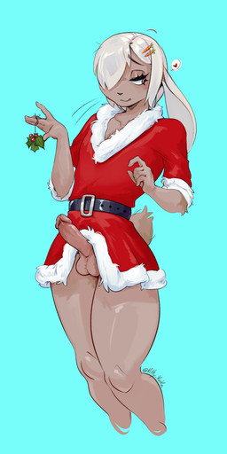 anthro balls clothing erection femboy genitals holidays male mistletoe penis plant solo kirikatt christmas lagomorph leporid mammal rabbit absurd_res hi_res