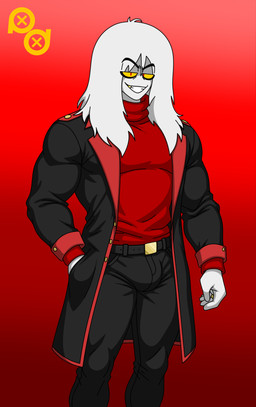 belt black_belt black_bottomwear black_clothing black_coat black_pants black_topwear bottomwear bulge clothing coat digit_ring evil_face evil_grin finger_ring gold_(metal) gold_tooth hair hand_in_pocket jewelry logo male muscular muscular_male pants pockets puffle_rocker_(puffle_dreemurr) red_clothing red_eyes red_sweater red_topwear smile solo sweater topwear turtleneck white_body white_hair yellow_sclera puffle_dreemurr club_penguin humanoid puffle absurd_res artist_logo hi_res parent_(lore)