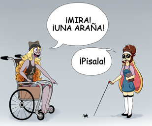 anthro blind blonde_hair book brown_hair clothing disability duo ears_down female footwear fur grey_background grey_body grey_fur hair hat headgear headwear holding_book holding_object humor legwear long_ears looking_at_another open_mouth pivoted_ears simple_background smile socks speech_bubble staff standing text thigh_highs vehicle wheelchair yellow_body yellow_fur la_tiapat pat_(prettypatsusan) arachnid arthropod lagomorph leporid mammal rabbit spider comic_sans spanish_text translated