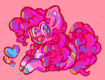 age_regression belly big_ears big_eyes cutie_mark female feral floating_heart fur hair heart_symbol looking_at_viewer looking_up lying markings object_in_mouth on_front pacifier pacifier_in_mouth pink_body pink_fur pink_hair slightly_chubby slightly_chubby_female slightly_chubby_feral solo white_markings kibblecringe friendship_is_magic hasbro my_little_pony earth_pony equid equine horse mammal pony