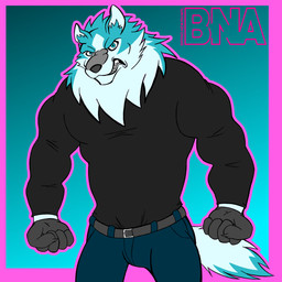 angry anthro belt biceps black_clothing black_shirt black_topwear blue_background blue_body blue_fur border bottomwear claws clothed clothing denim denim_bottomwear denim_clothing fist front_view frown fur gloves handwear jeans logo male muscular muscular_anthro muscular_arms muscular_male neck_tuft outline pants pecs pink_border pink_outline sharp_teeth shirt simple_background snarling solo standing tail teeth topwear tuft white_body white_fur grizzlykubz brand_new_animal studio_trigger shirou_ogami canid canine canis mammal wolf 1:1 2026 digital_drawing_(artwork) digital_media_(artwork) hi_res portrait three-quarter_portrait