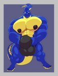 abs anthro barefoot big_bulge big_muscles big_pecs black_nipples blue_body bulge clothed clothing detailed_bulge feet genital_outline huge_bulge hyper hyper_bulge male muscular muscular_anthro muscular_male nipples pecs penis_outline solo standing topless underwear yellow_body cursedmarked truss_(character) eel electric_eel fish knifefish marine naked-back_knifefish absurd_res hi_res