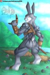 anthro boomerang butt clothing cloud cuffs_(clothing) detailed_background easter_egg footwear fur fur_markings green_eyes grey_body grey_fur harness holidays holster lake lawn looking_at_viewer looking_back male markings mountain multicolored_body multicolored_fur muscular muscular_anthro muscular_male nude outside ranged_weapon rear_view sky solo tail weapon crimsonmercury7192 dreamworks easter rise_of_the_guardians e._aster_bunnymund hare lagomorph leporid mammal rabbit 2:3 digital_media_(artwork) hi_res