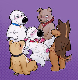 animal_genitalia animal_penis anthro balls blush bodily_fluids bukkake canine_genitalia canine_penis collar collar_only cum genital_fluids genitals group knot male male/male nude penis selfcest slightly_chubby square_crossover tail tail_motion tailwag tongue anonpupb family_guy brian_griffin george_townsend new_brian robot_brian vinny_griffin canid canine canis domestic_dog mammal hi_res