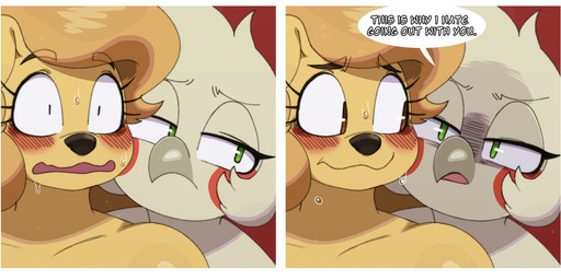 angry anthro biped blush dialogue displeased duo embarrassed feathers female fur green_eyes humiliation implied_nudity public public_nudity text white_body yellow_body sssonic2 amelia_steelheart brooke_(simplifypm) avian bird canid canine canis domestic_dog mammal comic english_text hi_res