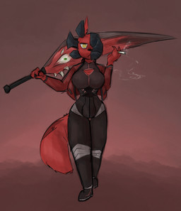 anthro bodysuit cigarette cleavage_cutout clothing cutout female mask melee_weapon red_body simple_background skinsuit smoke solo sword the_strongest tight_clothing weapon alexleviafan lobotomy_corporation project_moon rain_world videocult artificer_(rain_world) gebura_(project_moon) kali_(project_moon) slugcat digital_media_(artwork)