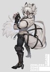 anthro belt blush bottomwear clothed clothing cybernetic_leg cybernetic_limb fingerless_gloves fur gloves hair handwear looking_away male pants red_eyes solo tail text topless topless_anthro topless_male white_body white_fur ty_arashi mihoyo zenless_zone_zero von_lycaon canid canine canis mammal wolf absurd_res english_text hi_res