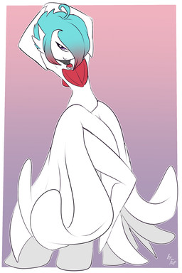 closed_smile collar female front_view hair hair_over_eye hands_behind_head looking_at_viewer mouth_closed pokeball short_hair simple_background smile solo standing white_body fuf nintendo pokemon gardevoir generation_3_pokemon humanoid pokemon_(species) 2019 2:3 hi_res