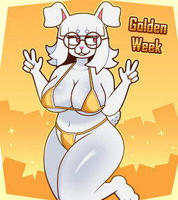 anthro big_breasts big_butt bikini bikini_bottom bikini_top breasts butt clothing eyewear female fur gesture glasses gold_bikini golden_swimwear hair hand_gesture paws rabbit_ears red_eyes scut_tail short_tail simple_background solo swimwear tail two-piece_swimsuit v_sign white_body white_fur white_hair lornalla golden_week bnuyu_(lornalla) lagomorph leporid mammal rabbit hi_res