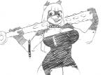 anthro big_breasts breasts collar female fur hair hyper lips simple_background solo spiked_collar spikes spots thick_lips weapon smekbo latchkey_kingdom hilde_(70_seas) yuman zull monochrome