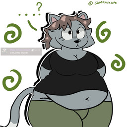 anthro belly belly_overhang big_breasts black_clothing black_shirt black_topwear bottomwear breasts brown_hair cleavage clothed clothed_anthro clothed_female clothing confusion dipstick_tail ellipsis eyebrow_through_hair eyebrows eyelashes facial_tuft female fur green_bottomwear green_clothing green_pants grey_body grey_fur hair hands_behind_back markings navel outline overweight overweight_anthro overweight_female pants pubic_fuzz question_mark shirt short_hair simple_background solo standing tail tail_markings thick_thighs topwear translucent translucent_hair tuft wide_hips sunnysideupe normalsville april_(normalsville) domestic_cat felid feline felis mammal 1:1 2026 absurd_res hi_res watermark