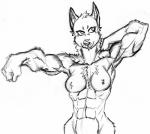 abs athletic athletic_female biceps big_ears birthmark bone breasts chest_fur collarbone eyelashes female fist flexing fluffy fur hair happy inner_ear_fluff looking_away markings muscular muscular_female nipples nude pupils ribs smile solo spiky_hair standing tasteful_nudity tuft wide_hips harpseal canid canine canis hybrid mammal wolf 2018 hi_res monochrome