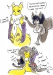 anthro black_sclera breasts butt butt_slap duo female fur genitals pussy slap spanking tail tail_grab text white_body white_fur yellow_body yellow_fur s-nina bandai_namco digimon s'zira canid canine canis digimon_(species) mammal renamon rodent sciurid tree_squirrel wolf comic english_text