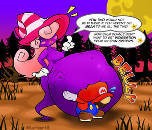 after_vore belly big_belly breasts clothing dialogue female gloves group hair handwear male moon outside overweight pink_hair purple_body purple_sky sky speech_bubble text vore leheart mario_bros nintendo paper_mario paper_mario:_the_thousand_year_door beldam_(mario) marilyn_(mario) mario vivian_(mario) human humanoid mammal shadow_siren 2023 digital_media_(artwork) english_text hi_res