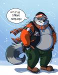 anthro belly big_belly black_nose bottomwear clothing fur grey_body grey_fur hat headgear headwear male overweight overweight_anthro overweight_male pants scar scarf shirt snow solo sweater text topwear winter john_vithor rocky_ramos mammal procyonid raccoon 2019 english_text hi_res