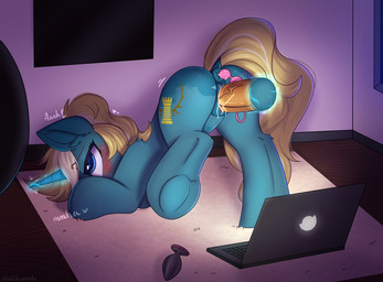 anal anal_beads anal_beads_in_ass anal_penetration anus blonde_hair blue_body blue_eyes bodily_fluids butt buttplug computer cutie_mark dildo electronics female feral genital_fluids genitals hair heart_symbol hooves horn laptop magic magic_user object_in_ass penetration plug_(sex_toy) presenting presenting_hindquarters puffy_anus quadruped rear_view sex_toy sex_toy_in_ass sex_toy_insertion solo vaginal vaginal_fluids vaginal_penetration vulva sonigiraldo hasbro my_little_pony mythology fan_character maple_parapet equid equine horse mammal mythological_creature mythological_equine pony unicorn 2020 hi_res