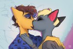 anthro black_eyeshadow blonde_hair blue_background blue_eyeshadow blue_lipstick brown_eyes brown_hair clothing duo eyes_closed eyeshadow femboy french_kissing fur grey_body grey_fur hair hands_on_shoulders kiss_on_lips kissing lipstick makeup male male/male orange_body orange_fur shirt simple_background topwear vyvs animal_crossing nintendo leochingu raymond_(animal_crossing) domestic_cat felid feline felis mammal hi_res