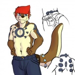 5_fingers anthro bottomwear brown_body brown_fur clothed clothing collarbone fingers front_view fur furgonomics hair hands_on_hips looking_aside male markings navel pants purple_eyes raised_tail red_hair short_hair simple_background smile solo tail tail_clothing topless white_background rabidraccoon mammal mustelid otter 1:1 portrait three-quarter_portrait