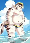 anthro belly big_belly blue_eyes blush bulge clothing fur genitals kemono male moobs navel nipples outside overweight overweight_anthro overweight_male penis solo swimwear water white_body white_fur ptcmtr lifewonders tokyo_afterschool_summoners licho_(tas) felid mammal pantherine tiger 2020 absurd_res hi_res