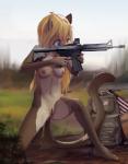 5_fingers american_flag anthro ar-15 ar_platform backpack bare_breasts barefoot blonde_hair blue_eyes breasts brown_body brown_fur brown_tail clothed clothing collarbone crotch_lines feet female fingers flag front_view fur genitals green_backpack gun hair holding_gun holding_object holding_ranged_weapon holding_rifle holding_weapon kneeling medium_breasts multicolored_body multicolored_fur navel nipples nude on_one_knee one_eye_closed outside pussy ranged_weapon rifle skimpy skinny skinny_anthro skinny_female solo stoner_rifle tail tan_nipples toes two_tone_body two_tone_fur united_states_of_america ventral_groove weapon white_body white_fur sicmop sierra_(pumapaws) cougar felid feline mammal 2019 hi_res