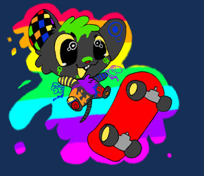 ambiguous_gender anthro buckteeth checkered frutiger_metro fur multicolored_body multicolored_fur rainbow_body rainbow_fur skateboarding small_wings solo splatter teeth wings v3sterp0nk mammal mouse murid murine rodent alpha_channel hi_res