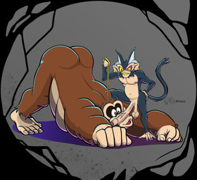 anthro anthro_on_anthro ass_up balls big_penis dominant dominant_male duo ear_piercing erection feet foreskin genitals larger_male larger_sub leash long_penis male male/male nipples nude partially_retracted_foreskin penis piercing prehensile_feet saggy_balls simple_background size_difference smaller_male smile submissive submissive_male toes vein veiny_penis refractionxiii donkey_kong_(series) donkey_kong_bananza nintendo donkey_kong_(character) void_kong ape gorilla haplorhine mammal monkey primate hi_res