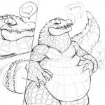 1:1 alligator alligatorid ambiguous_gender anthro azathura belly big_belly claws comic crocodilian dialogue english_text featureless_crotch heart_symbol hi_res monochrome pictographics reptile scales scalie simple_background slightly_chubby teeth text white_background