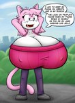 big_breasts breasts clothed clothing countershading female fur huge_breasts hyper hyper_breasts no_bra outside park pink_body pink_fur solo sweater text topwear white_body white_fur miles57 vg_cats aeris_(vg_cats) domestic_cat felid feline felis mammal comic english_text hi_res