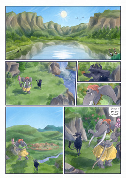 5_fingers ambiguous_gender anthro biped black_body black_fur black_tail blue_sky clothing day dialogue dialogue_box duo fangs feral fingers fur grass grey_body holding_object lake male outside plant proboscis_(anatomy) shadow shirt sky speech_bubble sun tail teeth text topwear trunk_(anatomy) water yellow_sclera bjekkergauken imbali_(bjekkergauken) isilo_(bjekkergauken) elephant elephantid mammal proboscidean unknown_species 2025 colored comic english_text hi_res