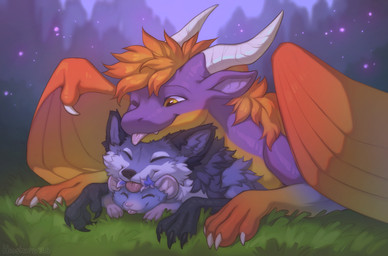 claws female feral front_view fur group hair horn lying male on_front outside smile teeth tongue trio wings hioshiru mythology hioshiru_(character) raynar waisy dragon enfield mammal mouse murid murine mythological_creature mythological_scalie rodent scalie 2026 digital_drawing_(artwork) digital_media_(artwork)