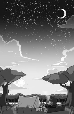 anthro cloud cloudy_sky cooking cooking_pot crescent_moon facial_tuft forest forest_background light log male moon muscular muscular_male nature nature_background night plant pond sitting sky solo sunlight transition transition_effect tree tuft wood junker_draws mythology canid canine mammal mythological_canine mythological_creature werecanid werecanine werecreature werewolf absurd_res comic hi_res monochrome