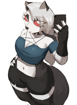 alternative_fashion anthro clothing crop_top female fur goth looking_at_viewer midriff navel selfie shirt simple_background solo topwear white_body white_fur arakira hellaverse helluva_boss loona_(helluva_boss) canid canine mammal absurd_res hi_res
