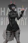 abs alternative_fashion anthro birthday_cake black_clothing black_dress black_hair blue_eyes breasts cake cleavage clothed clothing dessert dress ear_piercing ear_ring eyewear female food fur glasses goth grey_background grey_body grey_fur hair looking_at_viewer medium_breasts open_mouth piercing plate ring_piercing round_glasses simple_background slim small_waist solo standing striped_body striped_fur stripes wearing_glasses wooodies8 millie_(woodies8) domestic_cat felid feline felis mammal absurd_res hi_res